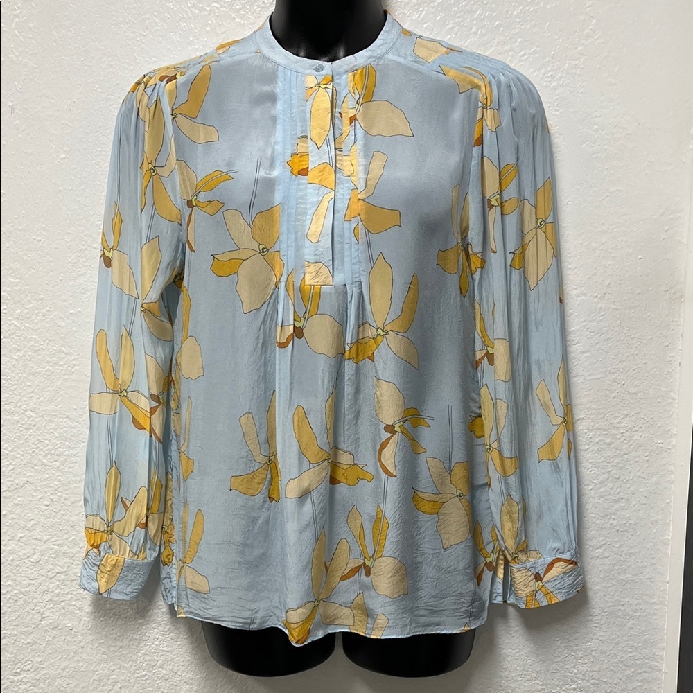 Reiss "Phoenix" Light Blue Long Sleeve Reef Print Blouse Size 10